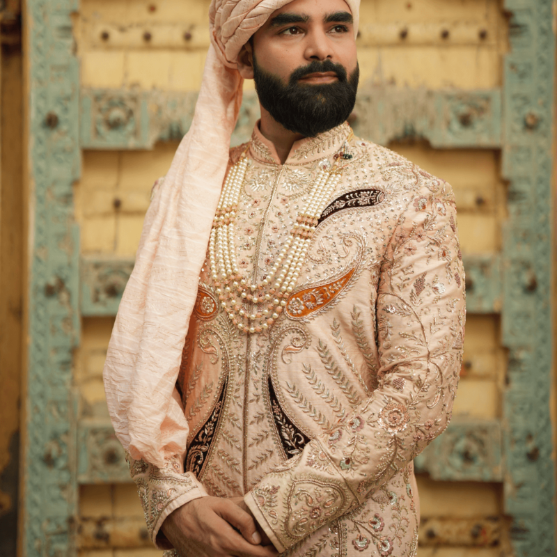 Traditional Teal Men Sherwani - Image 3