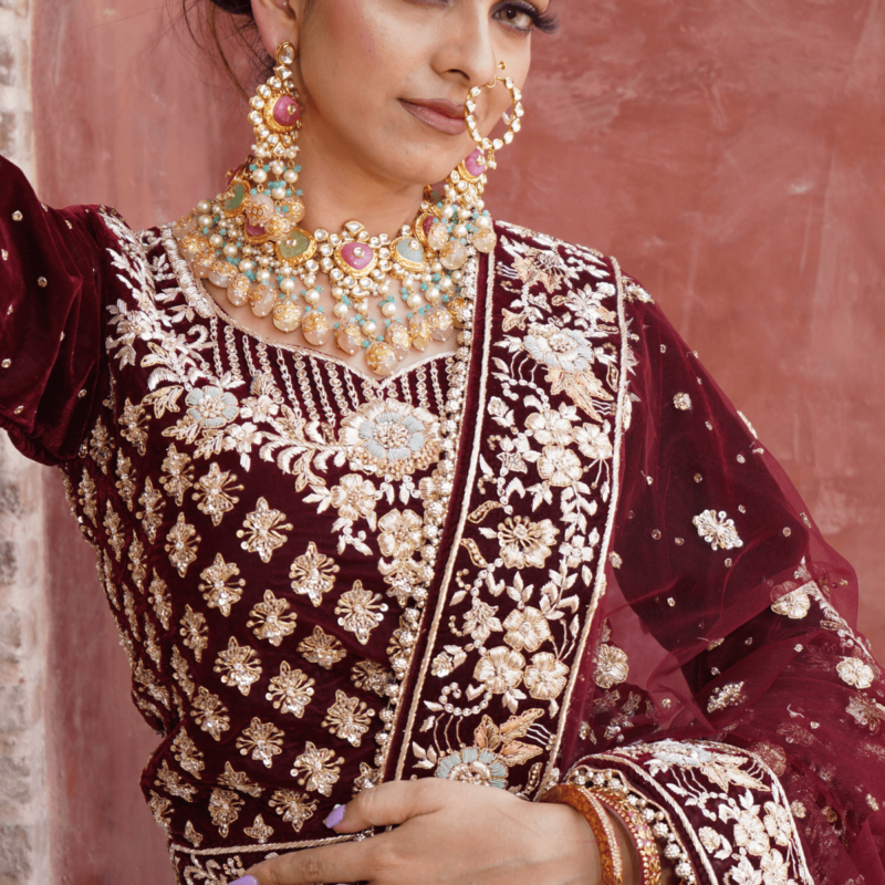 Velvet Maroon Lehenga - Image 4