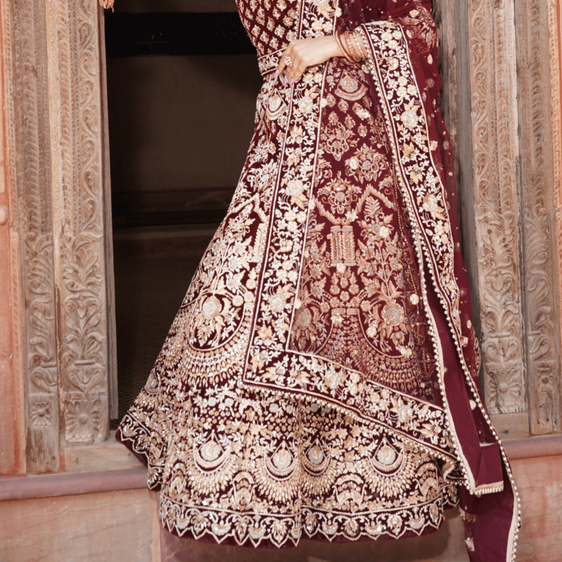 Velvet Maroon Lehenga - Image 5